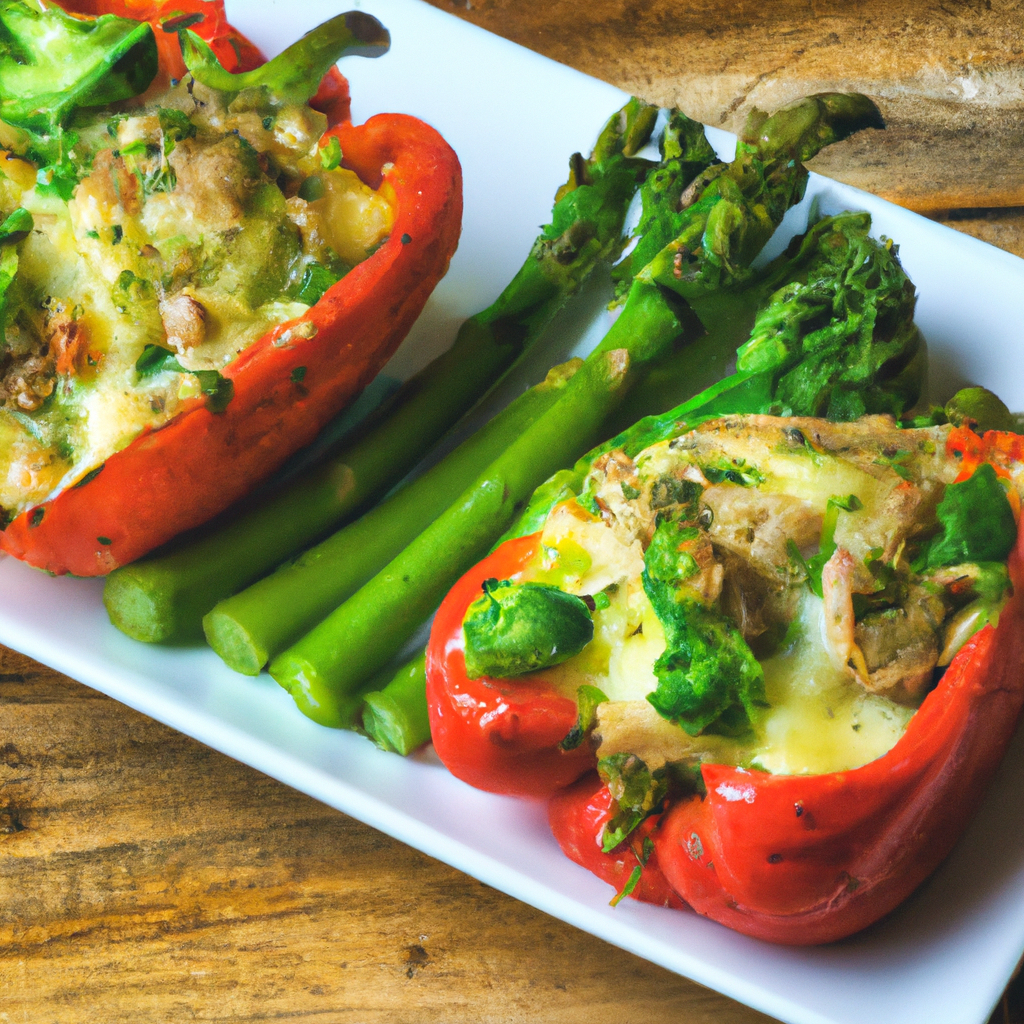 Image of recipe: Chicken and Gouda Stuffed Sweet Peppers with Asparagus-Broccoli Medley